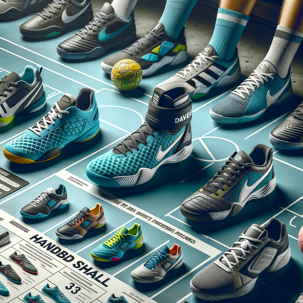 Variety of high-performance handball shoes from different brands on a court, with a handball shoe guide emphasizing comfort and performance, illustrating the importance of choosing the right shoes for handball.