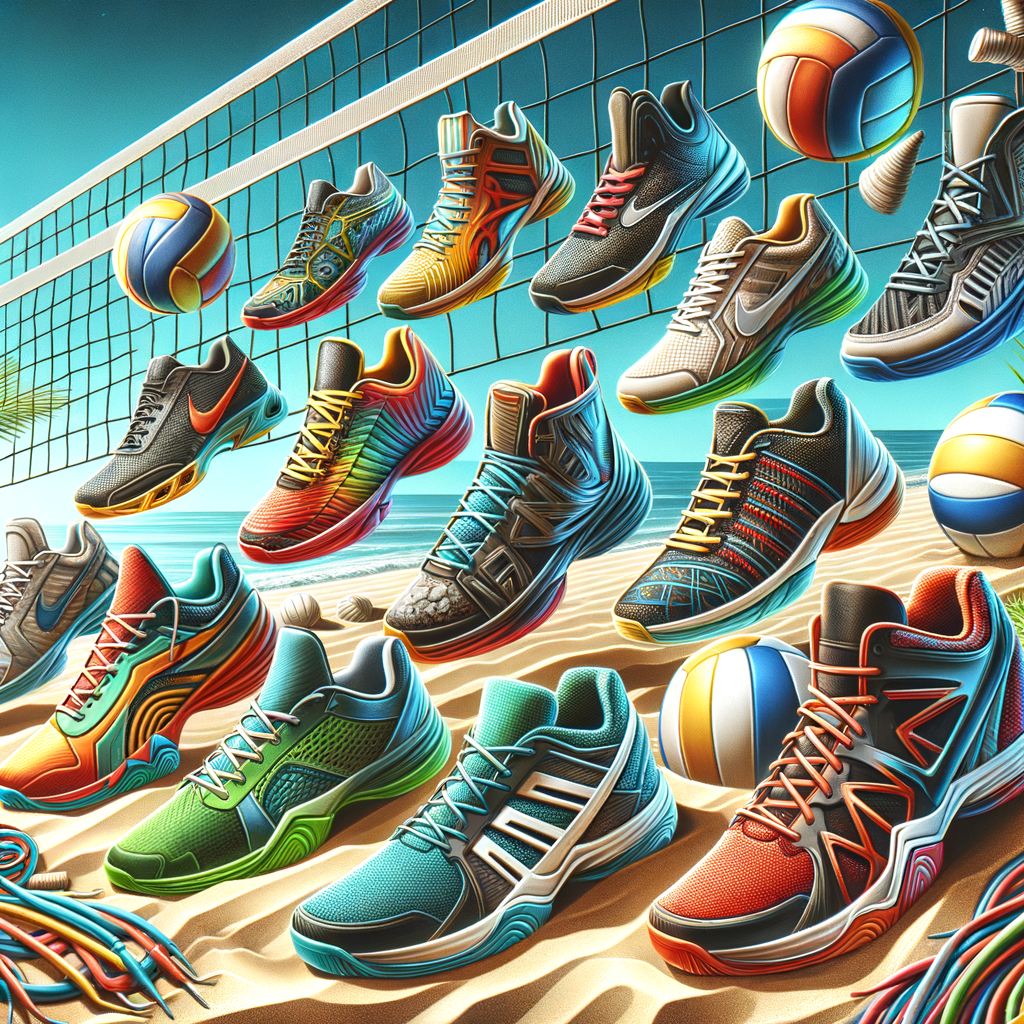 High-quality beach volleyball shoes in various styles and colors on a sandy beach, emphasizing comfort and perfect fit for beach sports, essential tips for choosing volleyball footwear.