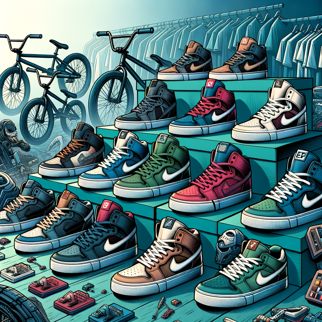 Top-rated BMX riding shoes with unique features highlighted in an extreme sports gear store, perfect guide for choosing the right BMX footwear.