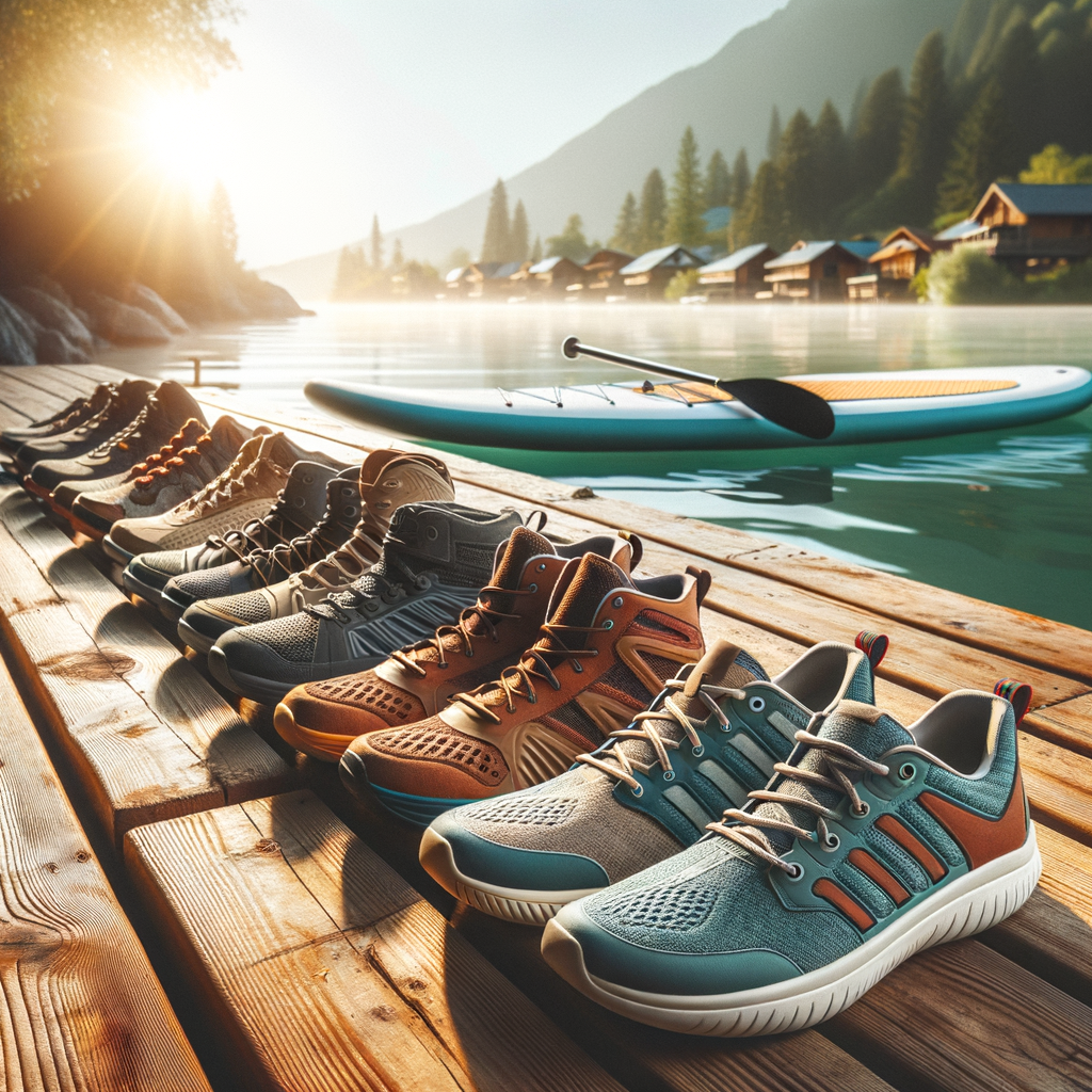 Variety of best SUP shoes for stand-up paddle boarding displayed on a dock, illustrating a professional paddle boarding footwear guide for choosing the perfect style and color.