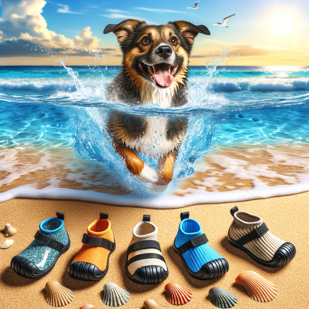 Top-rated dog water shoes displayed on a beach, highlighting waterproof and water-resistant features for paw protection, with a happy dog swimming in the sea wearing these shoes, emphasizing the importance of dog paw care.