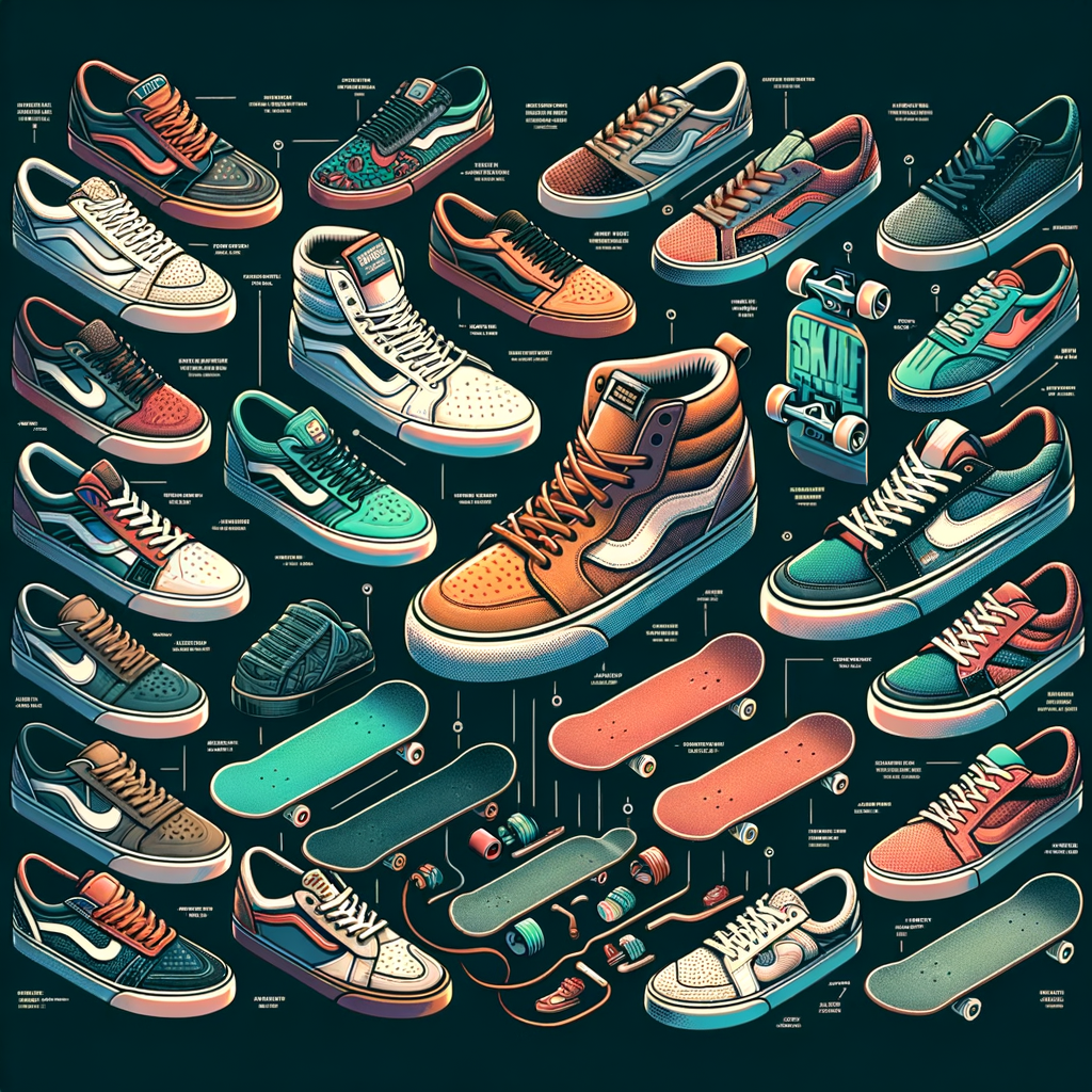 Visual guide showcasing a variety of best skate shoes, providing skateboarding footwear tips for choosing skateboarding shoes based on skateboarding style.