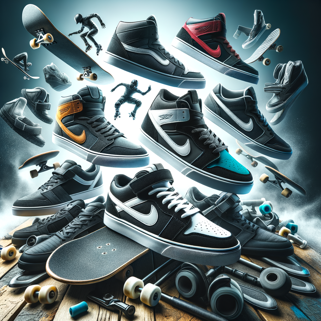 Stylish and functional skateboarding sneakers from top brands, showcasing the best skateboarding shoes with durable design and trendy aesthetics against a background of extreme sports gear.