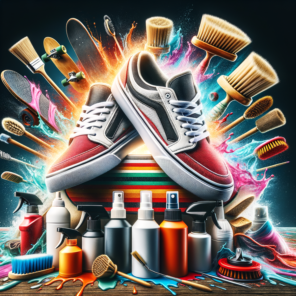 Skateboarding sneakers care essentials including brushes, cleaning solutions, and waterproof sprays for maintaining skateboarding shoes, highlighting the importance of skateboard footwear maintenance and tips on how to clean and prolong the lifespan of your extreme sports footwear.