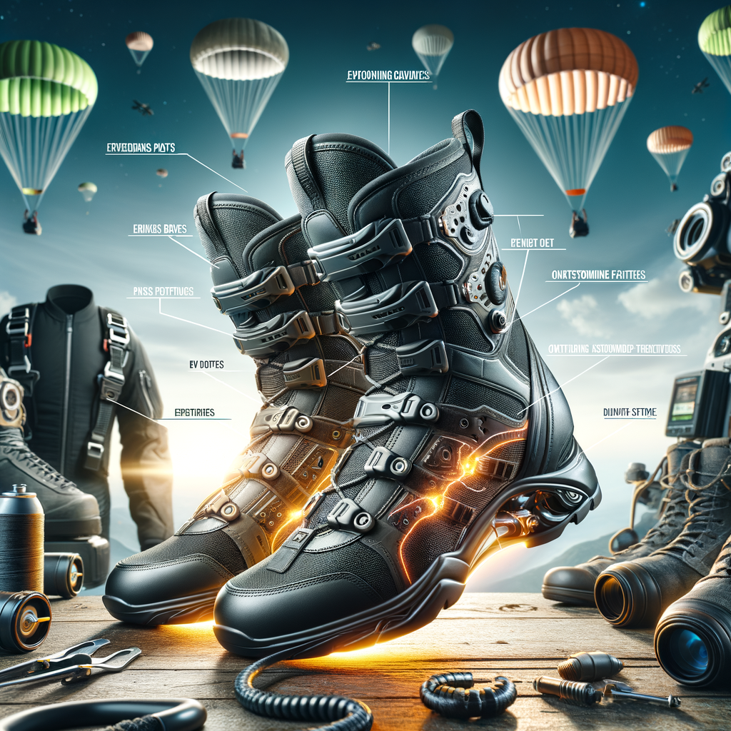 High-performance skydiving boots highlighted with key features in a skydiving boot guide, essential footwear for skydiving against a backdrop of skydiving gear, representing the best boots for skydiving.