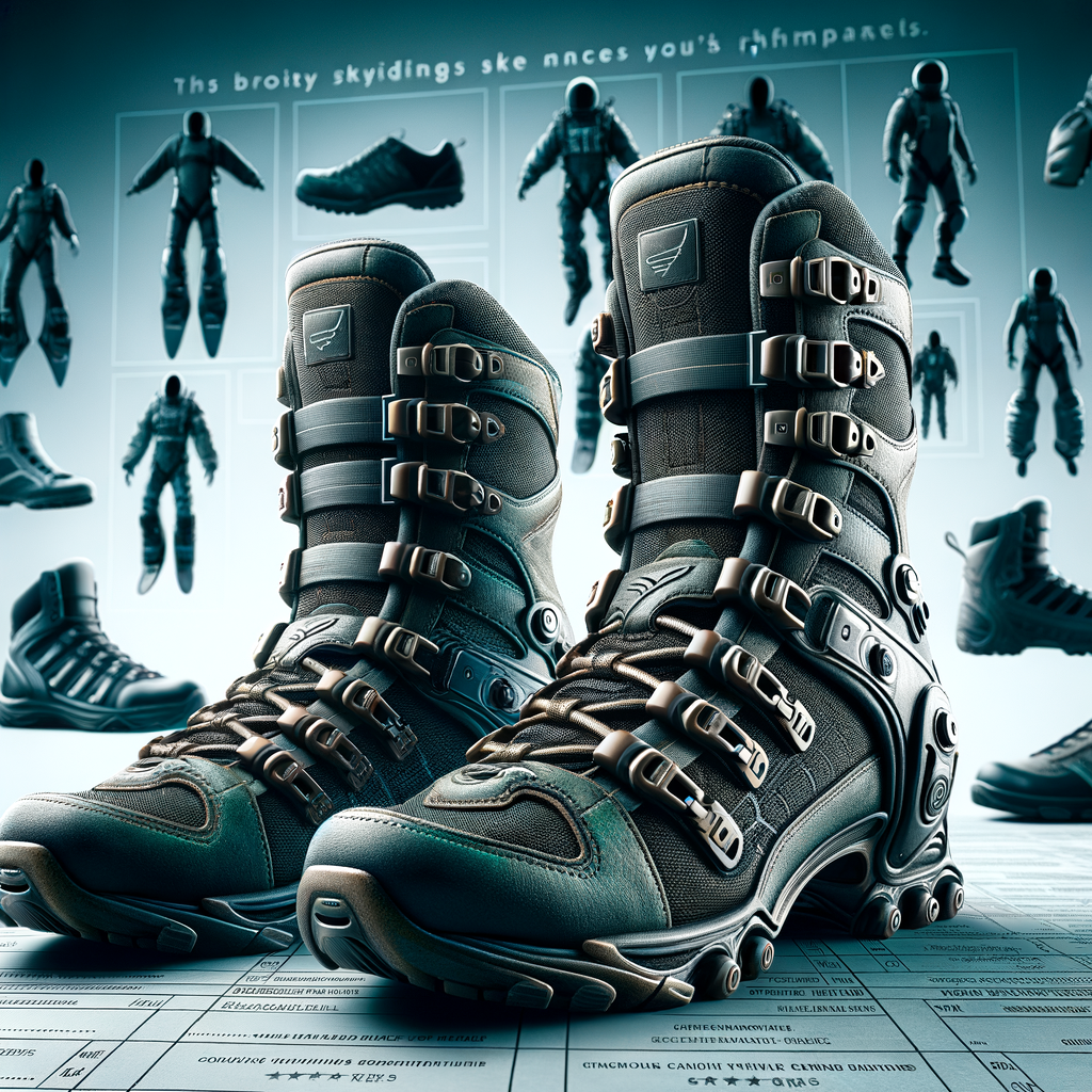Close-up of skydiving boots features emphasizing their importance in skydiving safety, performance gear benefits, and a comparison chart reviewing the best boots for safety.