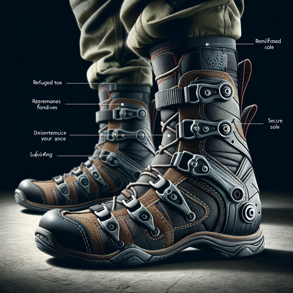 Close-up view of skydiving boot features including reinforced toe, sturdy sole, and secure fastenings, illustrating skydiving gear explained for safety in skydiving, highlighting the importance of understanding skydiving boots for skydiving equipment safety.