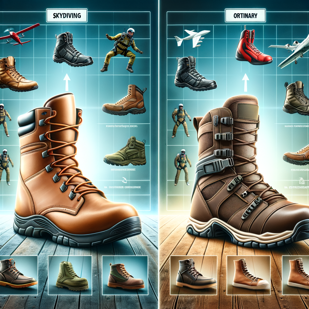 Skydiving boots vs regular boots comparison image, highlighting differences and advantages of each type of extreme sports gear and skydiving equipment for thrill-seekers.