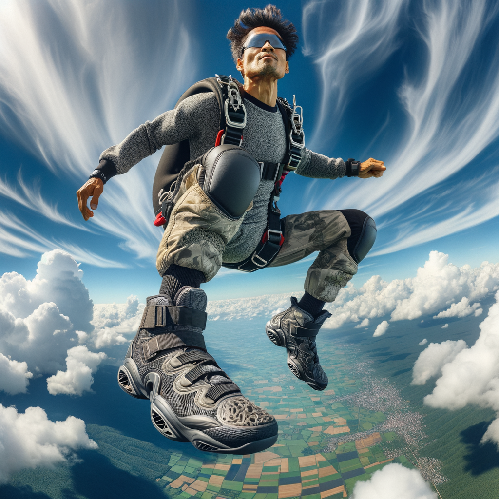 Professional skydiver showcasing advanced skydiving shoes, a key part of high-tech footwear for skydiving, designed to improve skydiving performance and enhance the overall skydiving experience.