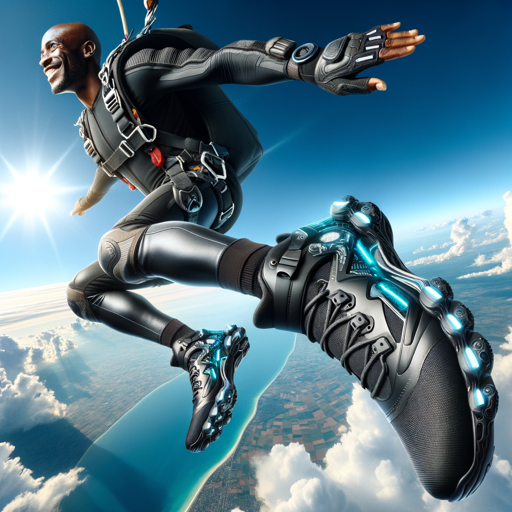 Skydiver in mid-air showcasing high-tech footwear and advanced skydiving gear designed to improve skydiving experience and performance enhancement.