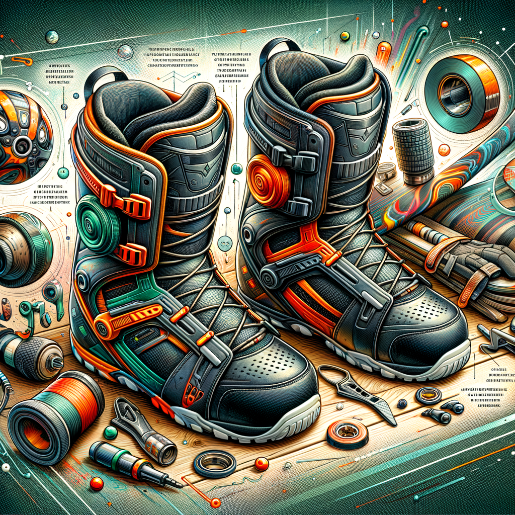 High-quality snowboarding boots highlighting injury prevention features, emphasizing the importance of protective snowboarding boots in extreme sports safety, set amidst snowboarding gear.