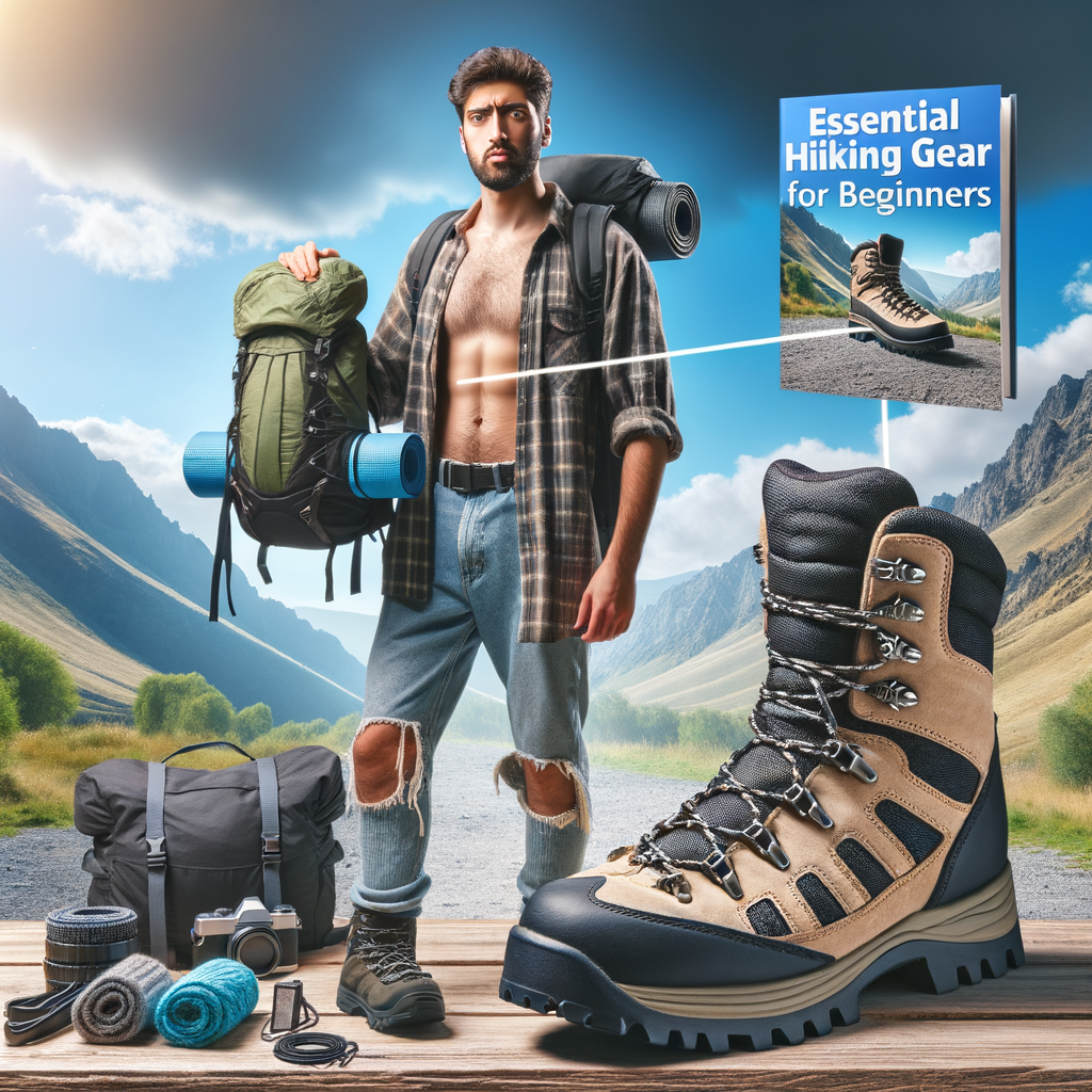 Beginner hiker with essential hiking gear and guidebook, highlighting the importance of choosing the best hiking boots for beginners, featuring key hiking boot features for a beginner's guide to hiking boots.