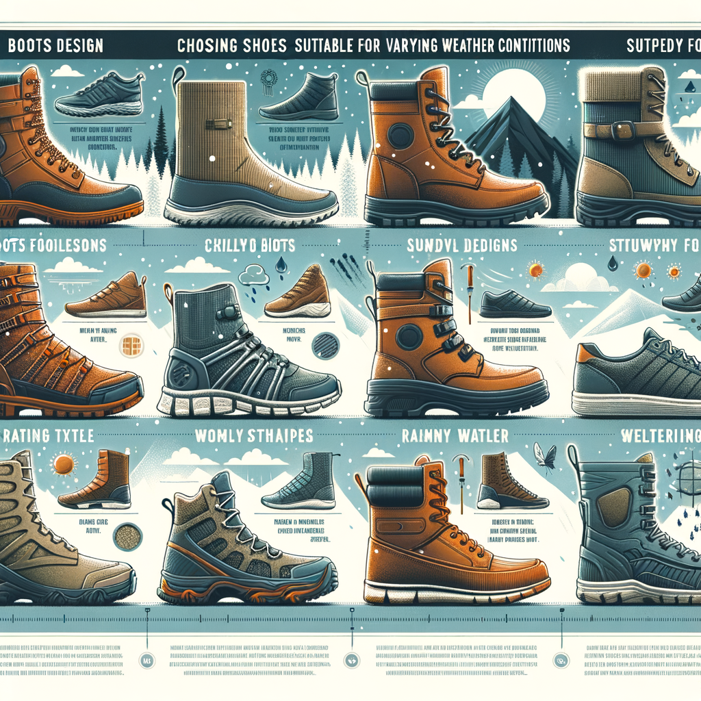 Infographic illustrating the process of choosing footwear for different weather conditions, including tips for selecting the right shoes for climates ranging from snowy and cold to rainy and hot.