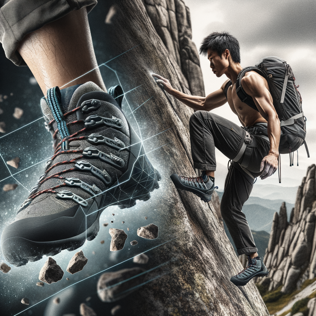 Professional mountain climber ascending rugged terrain with high performance climbing shoes, demonstrating the benefits and features of the best footwear for mountain climbing to enhance performance.