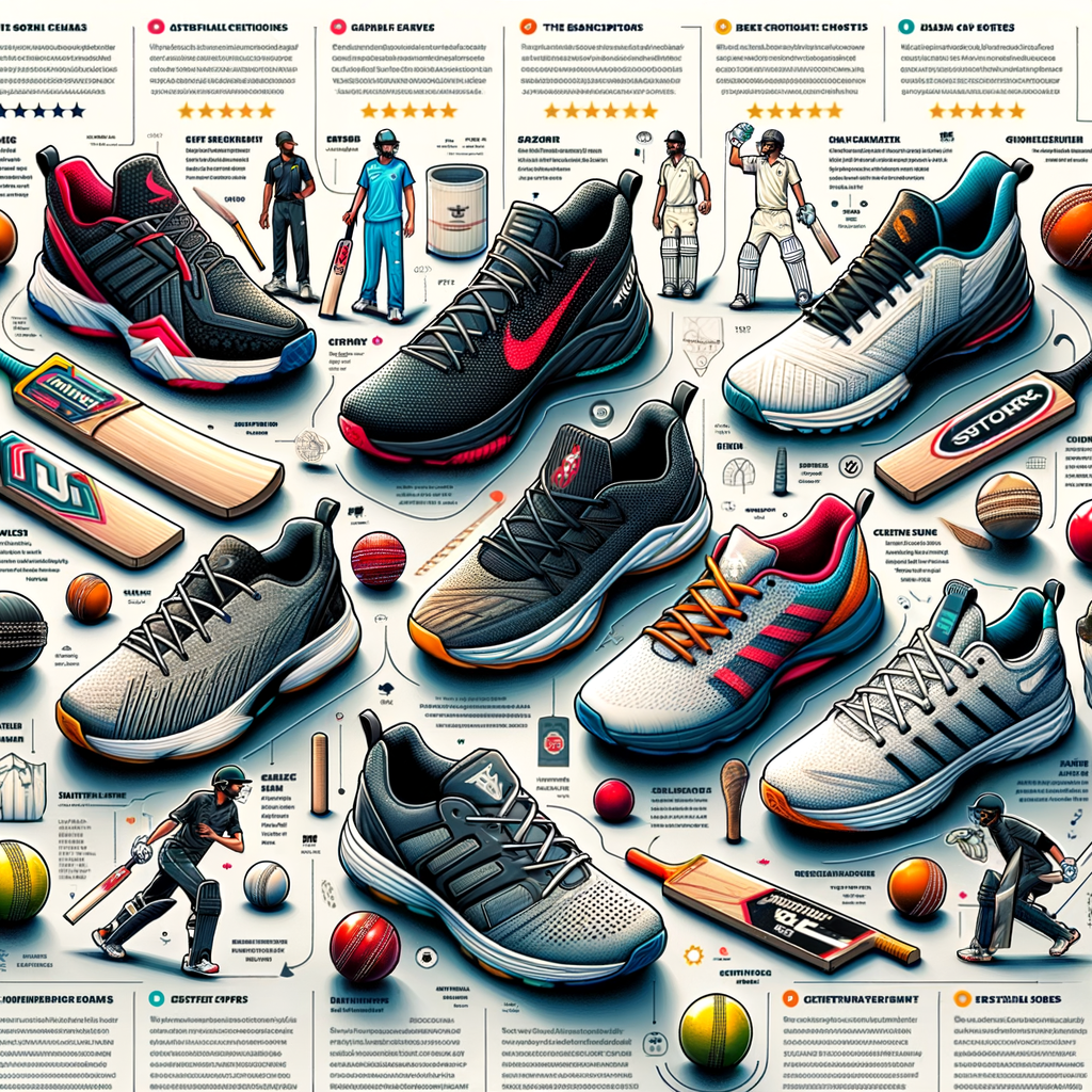 Infographic of high-performance cricket shoes with unique features and reviews, providing a comprehensive cricket shoe guide and tips for choosing comfortable cricket footwear for optimal performance.