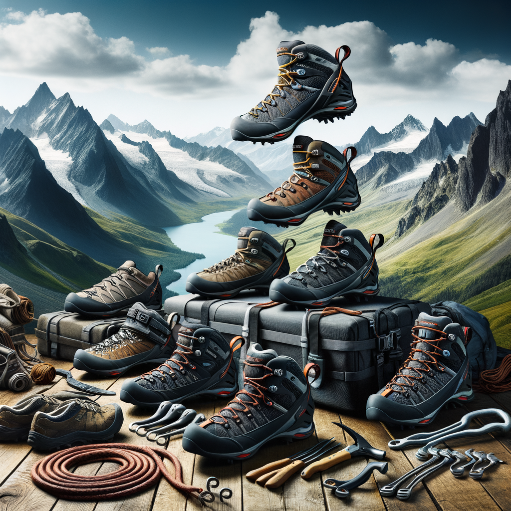 Expert climbing shoes displayed on mountain climbing equipment, showcasing the best footwear for mountain climbing and extreme sports, recommended for their high-performance and durability.