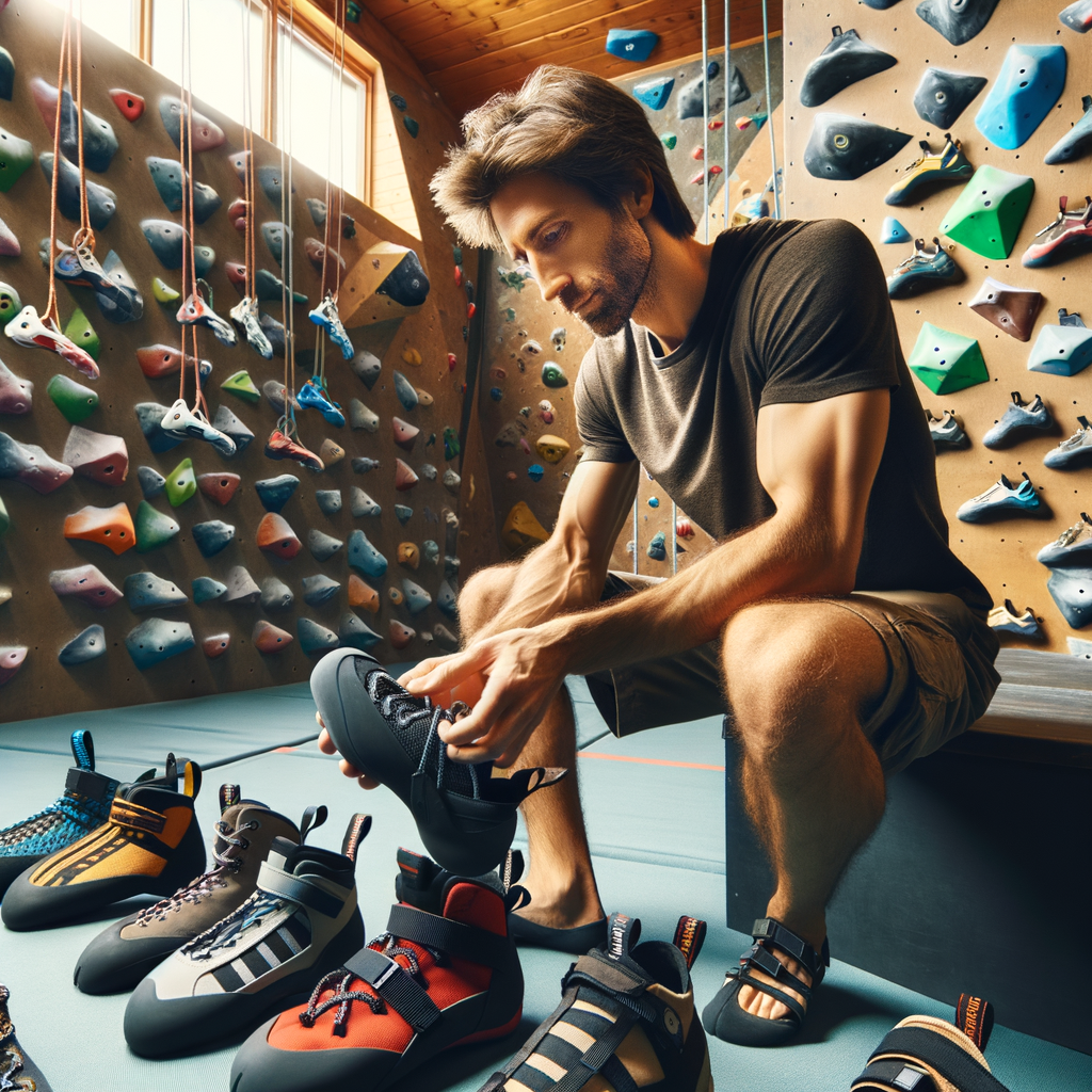 Professional climber choosing best indoor climbing shoes from a variety of climbing shoe types in a gym, showcasing indoor climbing gear, rock climbing equipment, and tips for climbing shoe selection.