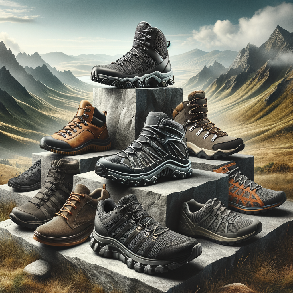 Variety of top-rated trekking footwear including best shoes for trekking, durable hiking boots, and adventure footwear arranged on rugged mountain terrain, perfect guide for choosing comfortable and durable outdoor footwear for rough terrains.