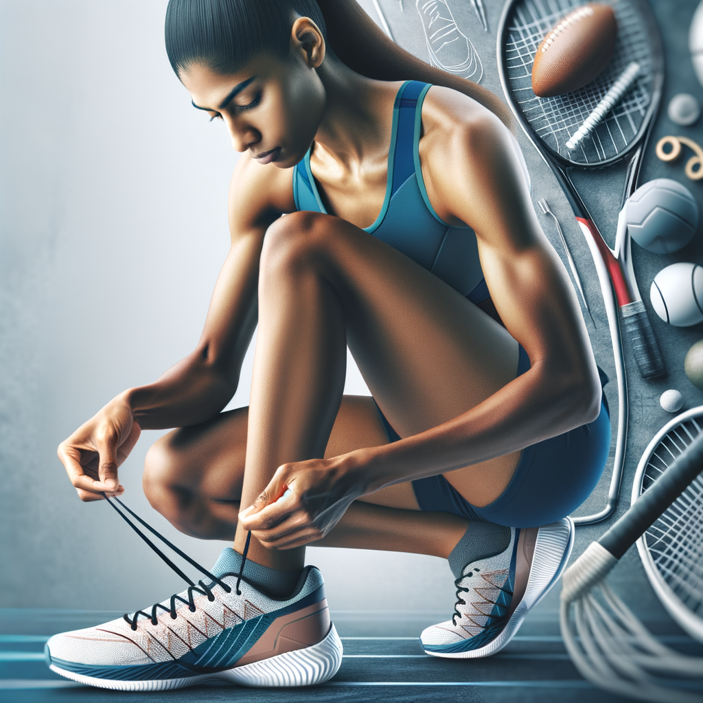 Athlete tying laces of protective sports footwear, emphasizing the role of shoes in sports safety and injury prevention, with sports equipment in the background highlighting the importance of footwear in sports injury prevention.