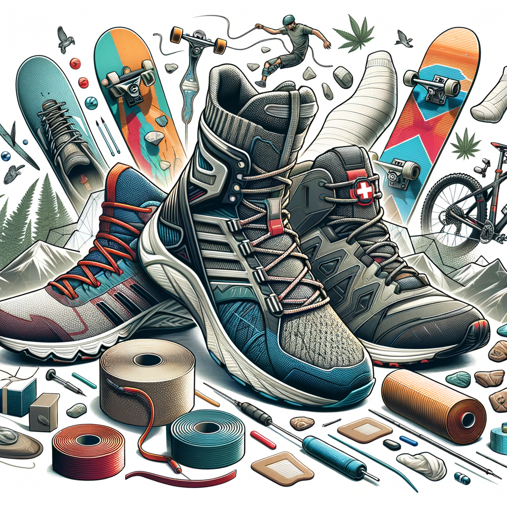 Variety of sports footwear including running shoes and hiking boots, highlighting their impact on extreme sports injury recovery and the role of footwear in injury healing process.