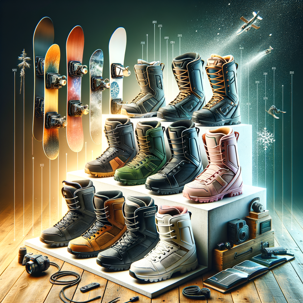 Selection of the best, high-performance and durable snowboarding boots for extreme sports, with a snowboarding gear guide and boots review in the background, ideal for choosing the right, comfortable snowboarding boots.