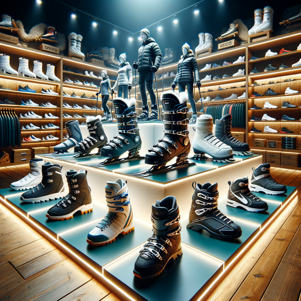 Top-rated cross-country skiing footwear displayed in a winter sports store, showcasing the best shoes and essential skiing gear for cross-country skiing.