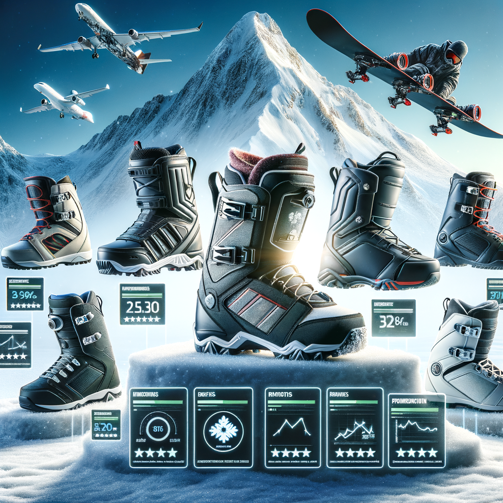 High-performance snowboarding boots showcasing comfort and performance features, rated and reviewed as the best extreme sports gear for snowboarding, arranged on a snowy mountain background for comparison.