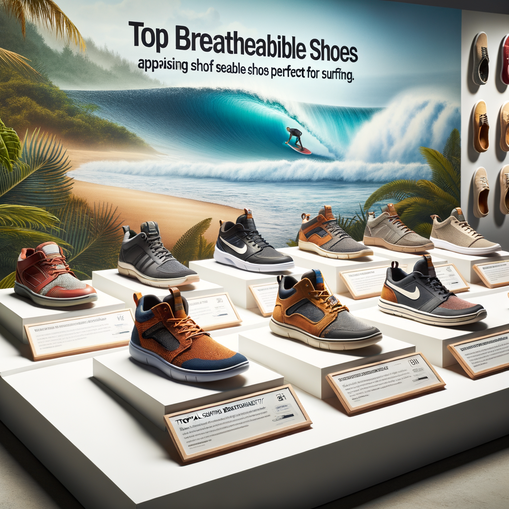 Close-up view of various tropical surfing shoes showcasing breathability features, ideal footwear for surfing in tropical conditions, with labels indicating the best breathable shoes for surfing.