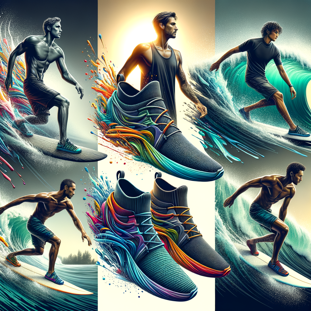 Surfers riding waves in high-performance surfing shoes showcasing comfort and durability, ideal for extreme sports footwear comparison and surfing footwear review