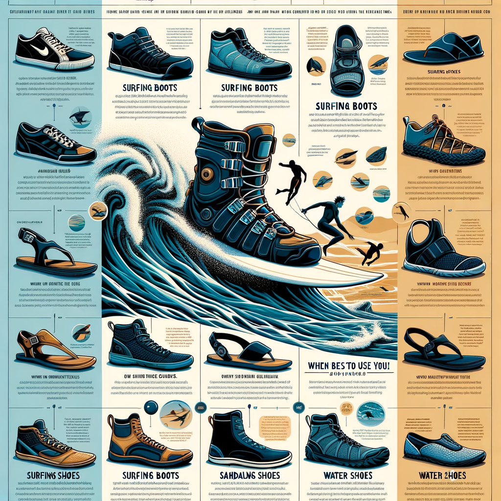 Infographic illustrating surfing footwear features, reviews, and recommendations for best surfing shoes, surfing boots, sandals, and water shoes as per surfing footwear guide.