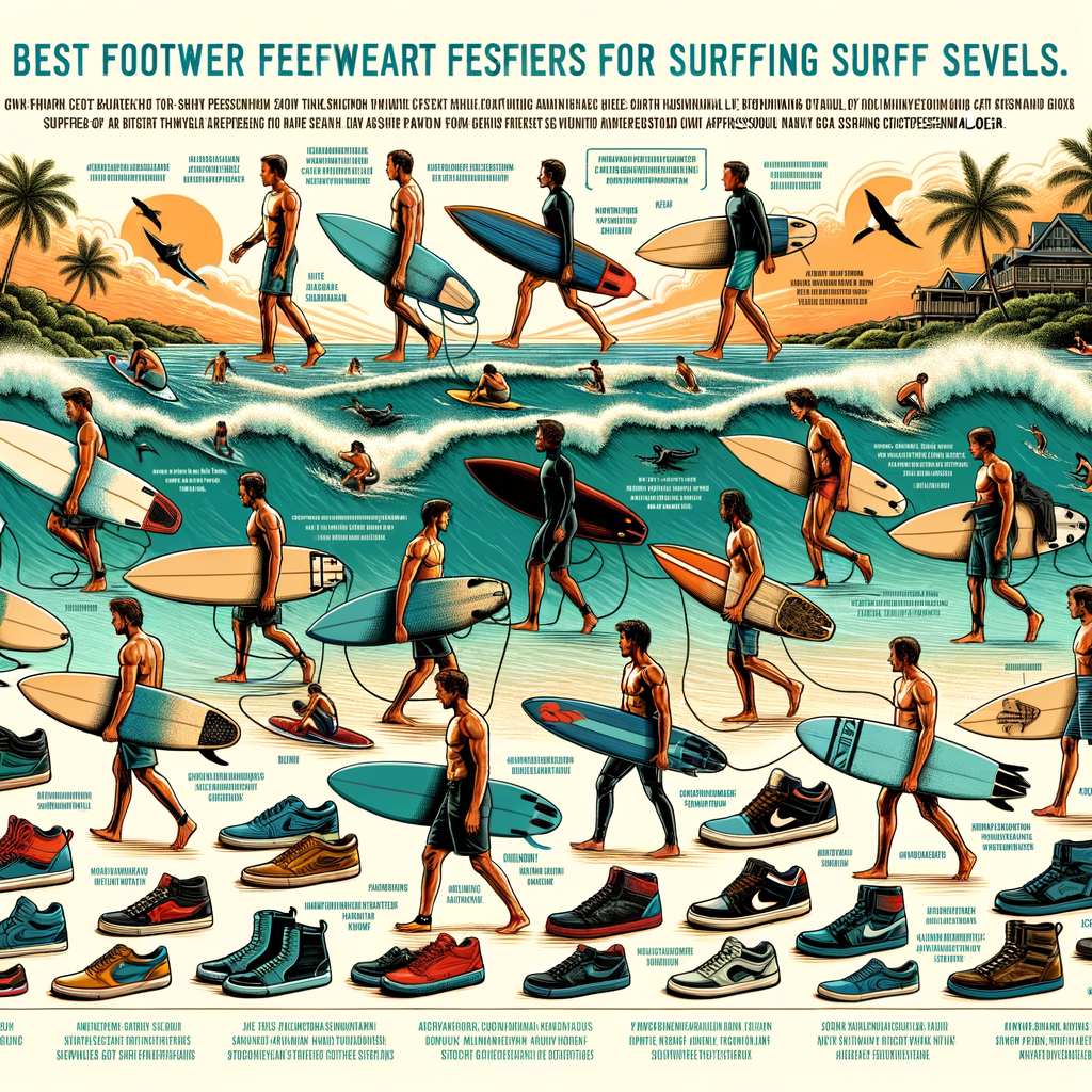 Infographic illustrating surfing footwear preferences among various types of surfers, highlighting the best shoes for different surf conditions and the importance of a surfer's footwear choice as a crucial part of surfing equipment.