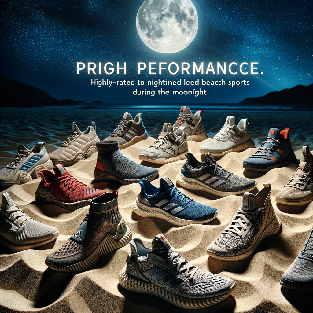 Assortment of top-rated nighttime beach sports footwear, showcasing the best shoes for beach sports and nighttime beach activities, with emphasis on comfort, durability, and grip for sand sports.