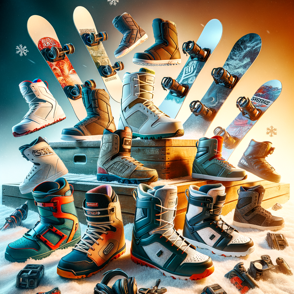 Top-rated freestyle snowboarding boots in various designs and colors, showcasing the best boots for snowboarding and high-quality snowboarding equipment for freestyle riding, as per positive snowboarding boots reviews.