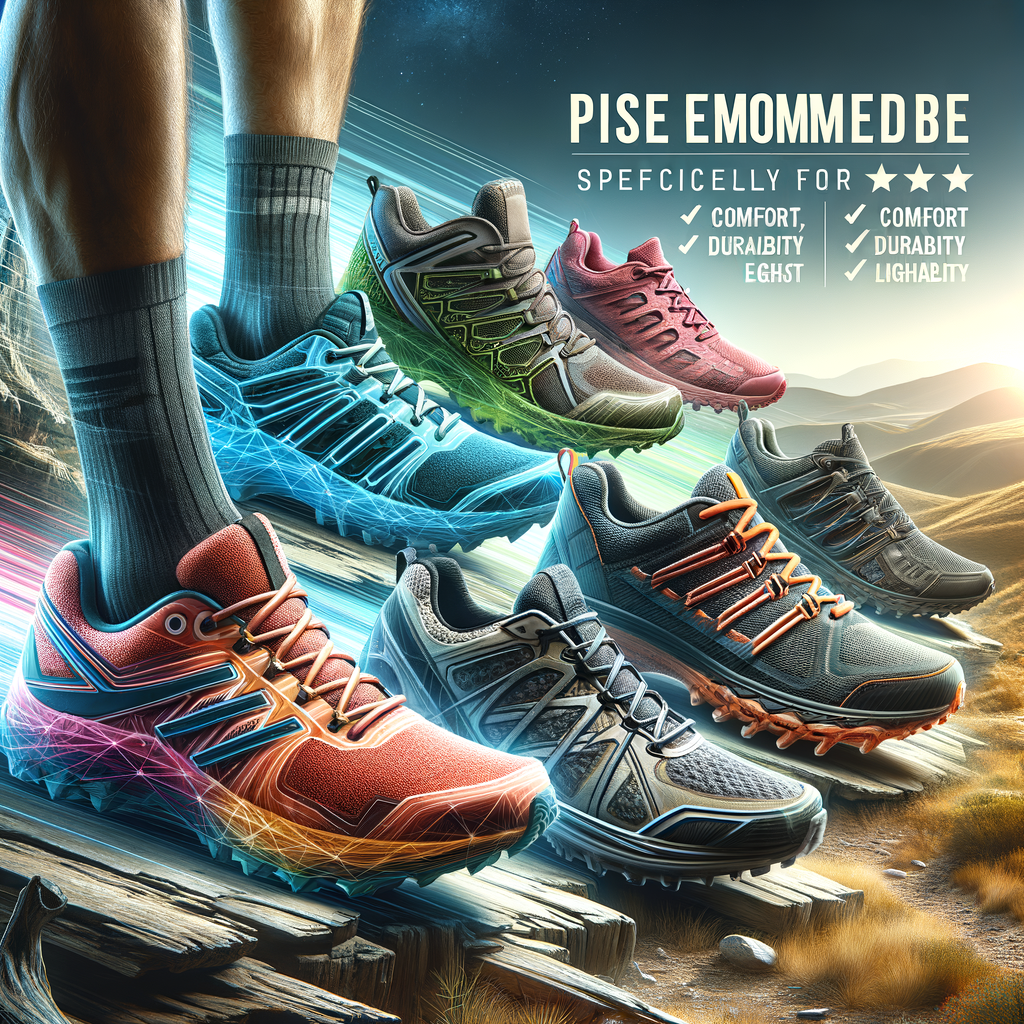 Top-rated men's and women's trail running shoes highlighting comfort, durability, and lightweight design, with a buying guide for trail running shoes in the background.