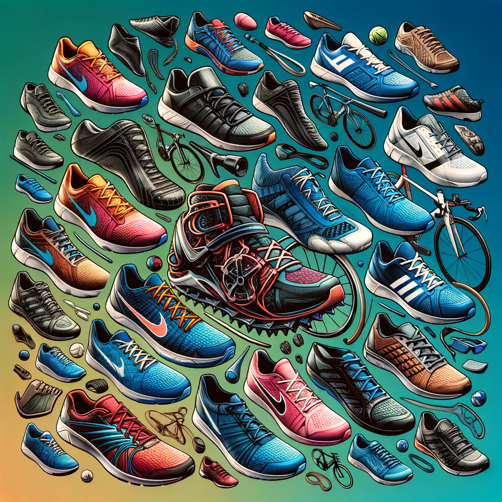 Variety of essential triathlon footwear including triathlon training shoes, cycling shoes, and swim shoes, highlighting the best footwear for triathlon training as a key part of triathlon training gear.