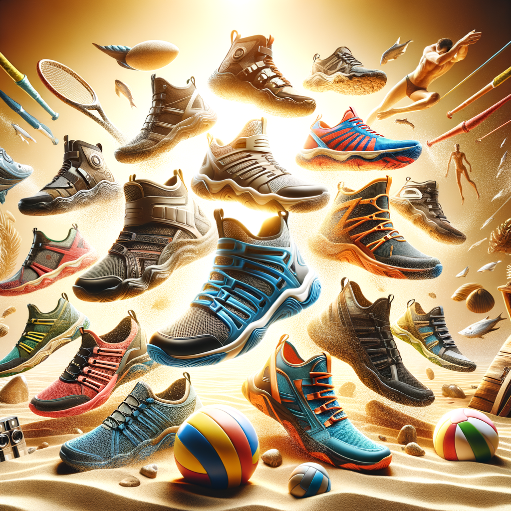 Top-rated water-resistant sports shoes with key features for beach activities, including durability and comfort, arranged on a sandy beach with volleyball and frisbee, illustrating the best shoes for beach sports.