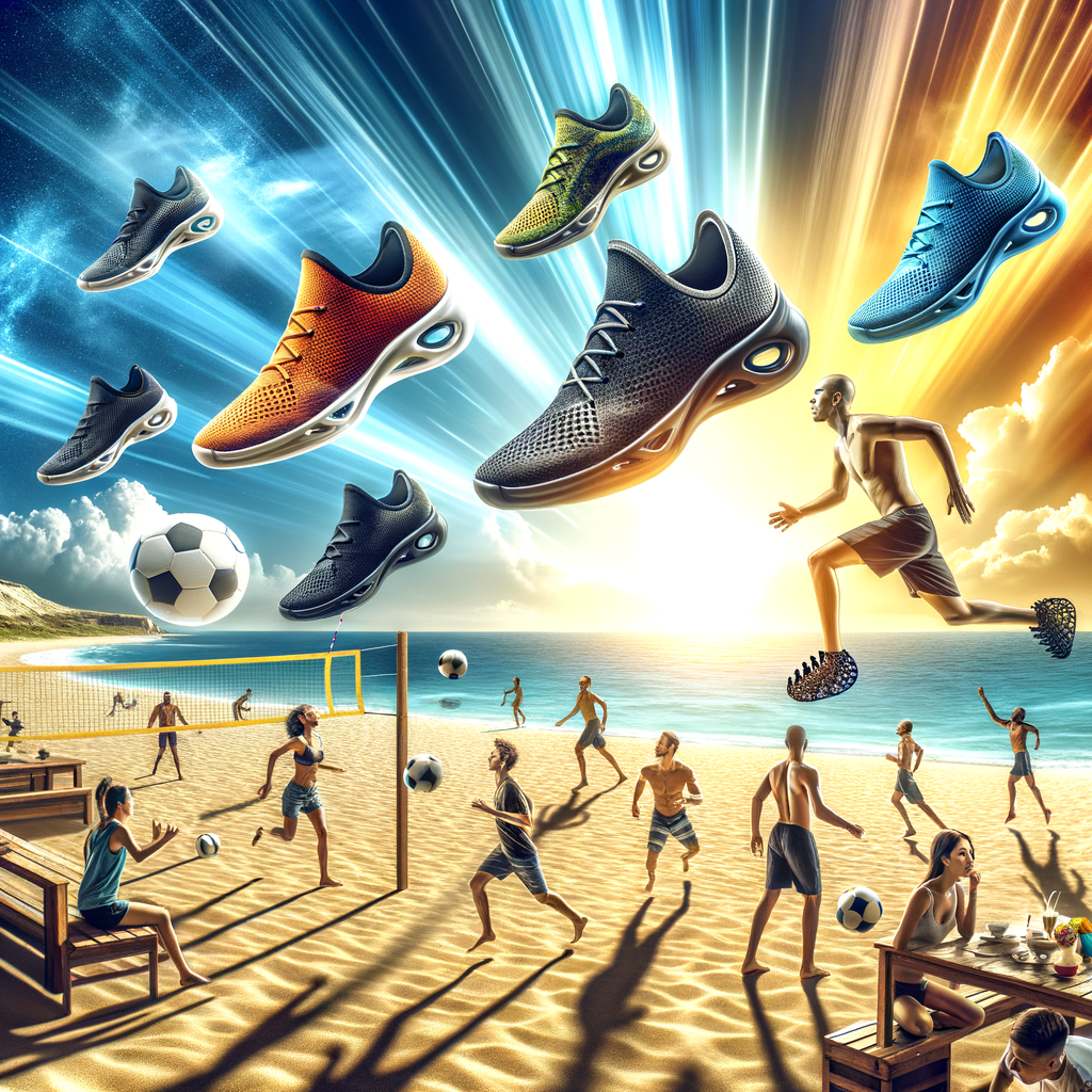 Beach sports enthusiasts enjoying volleyball and soccer in lightweight, flexible minimalist shoes, highlighting the benefits and advantages of minimalist footwear in beach games.