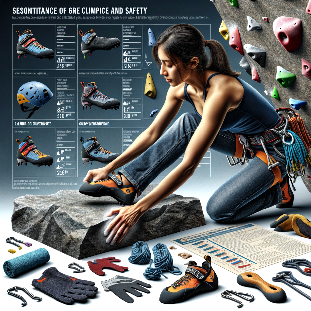 Professional climber demonstrating climbing shoes technique and the impact of climbing footwear on safety, with a detailed view of climbing safety gear and equipment, against a climbing shoes review chart for performance comparison.