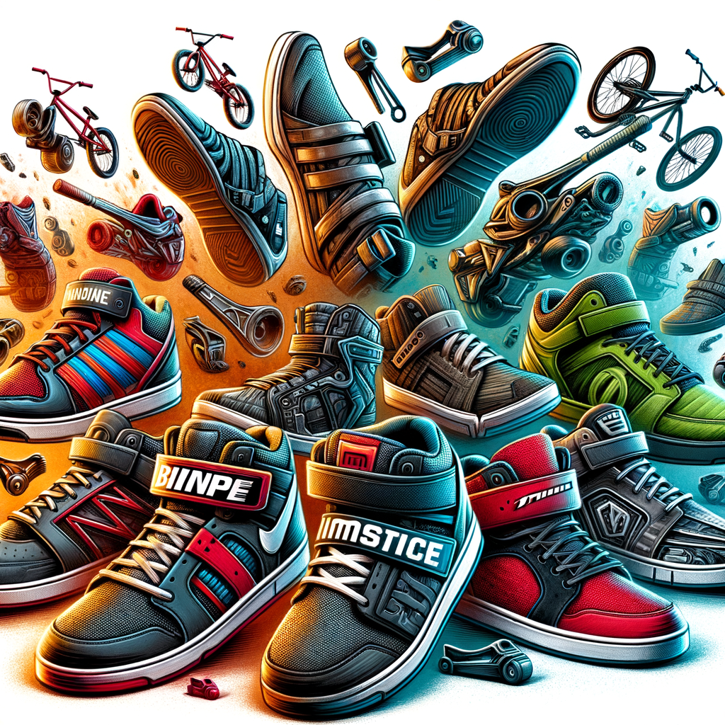 Assortment of BMX riding shoes highlighting essential BMX shoe features like grip, comfort, and durability, reflecting the extreme sports gear aesthetic of popular BMX shoe brands.