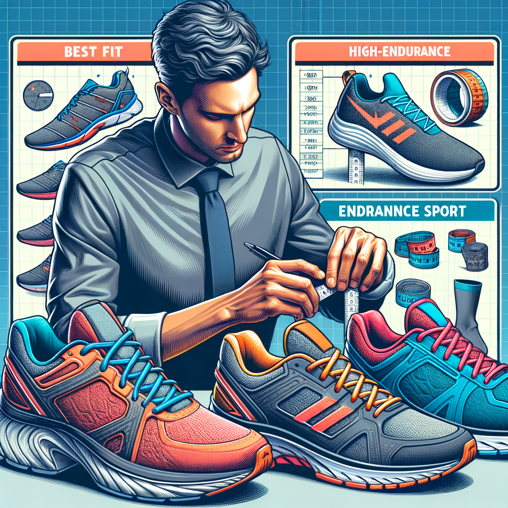 Person measuring foot size next to a selection of high-endurance sports shoes, including a sports shoes guide and review chart highlighting the best fit, high-performance, comfortable, and durable athletic shoes.