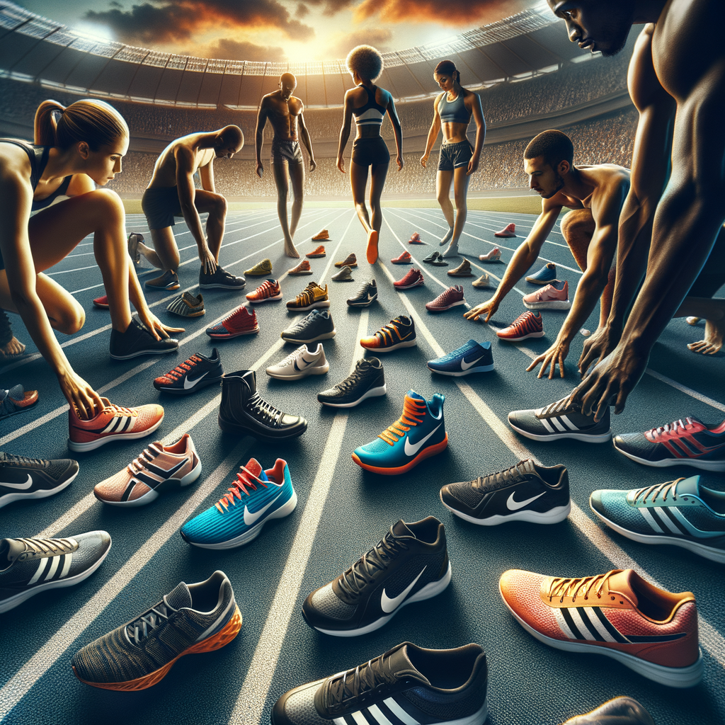 Professional athletes selecting athletic shoes on a track field, emphasizing the importance of competition footwear selection for enhancing performance in sports events.