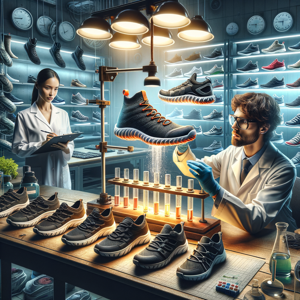 Durability testing for various brands of water shoes in a professional laboratory, highlighting the longevity and comparison of water shoes durability for an article on durable water footwear.