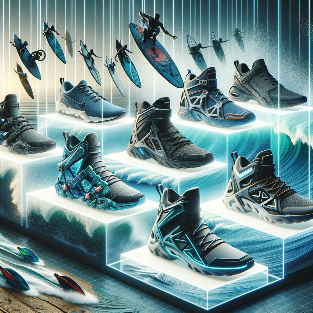 High-resolution image showcasing the future of water sports shoes, highlighting innovative water sports footwear innovations, technological advancements, next-gen designs, and the evolution of water sports footwear trends.